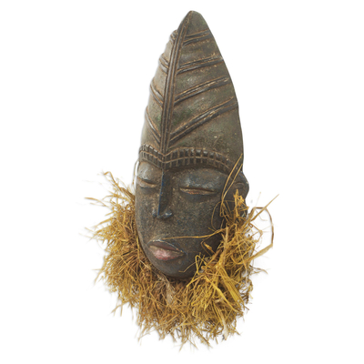 African wood mask, 'Getor' - Unique Wood and Raffia Bearded African Mask