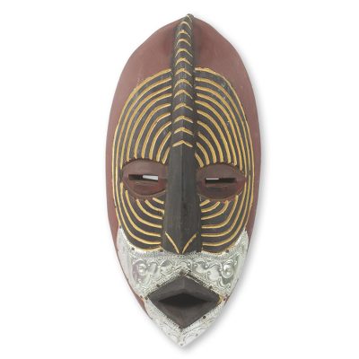 African wood mask, 'Dzigbodinyo' - Embossed Aluminum and Wood Handmade African Mask