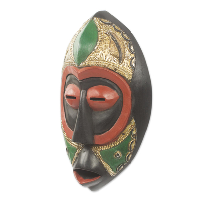 African wood mask, 'God Will Respond' - Artisan Crafted Multicolor Brass Embellished African Mask