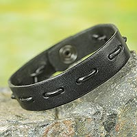 Men's leather bracelet, 'Run Along in Black' - African Artisan Crafted Black Leather Bracelet for Men