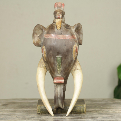 African wood mask, 'Bird Blessed Elephant' - Artisan Crafted Elephant Theme African Mask from Ghana