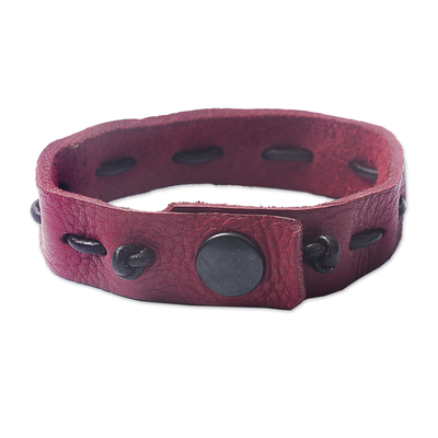 Men's leather bracelet, 'Run Along in Red and Brown' - Artisan Crafted Men's Red Leather Bracelet from Ghana