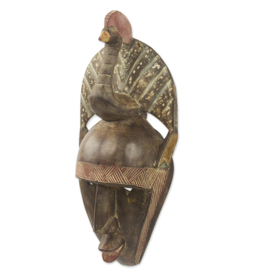 African wood mask, 'Peacock Crown' - Artisan Crafted Bird Theme Original African Mask