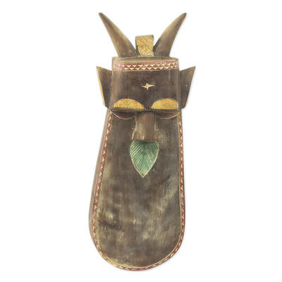 African wood mask, 'Call Me' - Artisan Crafted Rustic Horned African Wood Wall Mask