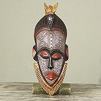 African wood mask, 'Abrante Pa' - Embossed Aluminum and Wood African Mask with Brass Accents
