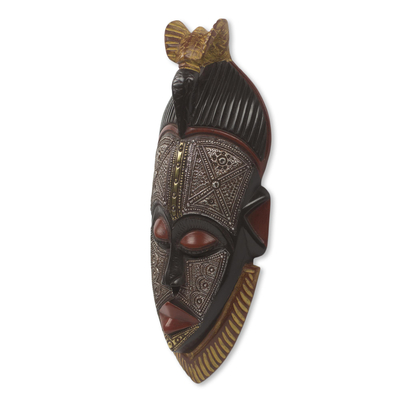 Máscara de madera africana - Máscara africana de aluminio y madera en relieve con detalles en latón