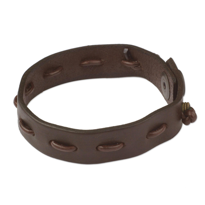 Men's leather bracelet, 'Run Along in Brown' - Men's Casual Brown Leather Bracelet with Brass Accents