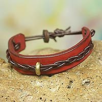 Men's leather bracelet, 'Twist and Shout in Red' - Handmade Leather Bracelet for Men in Red and Brown