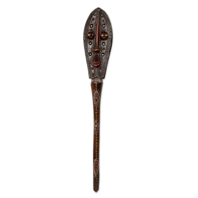 African wood mask, 'Banku Ta III' - Hand Crafted Embossed Metal and Wood Mask from Africa