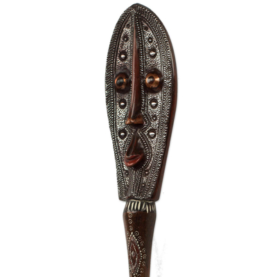 African wood mask, 'Banku Ta III' - Hand Crafted Embossed Metal and Wood Mask from Africa