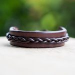 Men's leather bracelet, 'Simple Twist in Brown' - Handmade Men's Leather Bracelet with Braided Accent