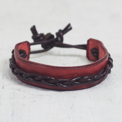 Men's leather bracelet, 'Simple Twist in Red' - African Red and Brown Braided Wristband Bracelet for Men