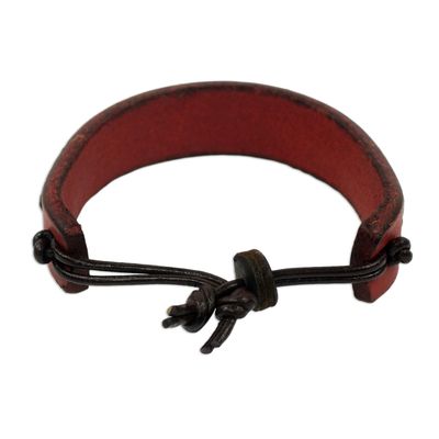 Men's leather bracelet, 'Simple Twist in Red' - African Red and Brown Braided Wristband Bracelet for Men