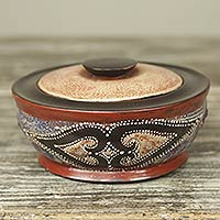 Wood decorative box, 'Akan Diamond Hearts' - Artisan Crafted Wood Decorative Box with Aluminum Diamonds