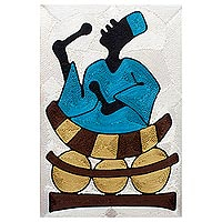Fadenarbeitskunst, „Xylophonspieler singt“ – afrikanische Volkskunst, Fadenarbeitswandkunst, handgefertigt in Ghana