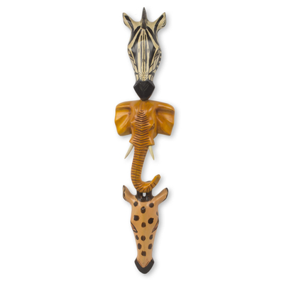 African wood mask, 'Animal Kingdom I' - African Animal Wall Mask Hand Carved from Wood