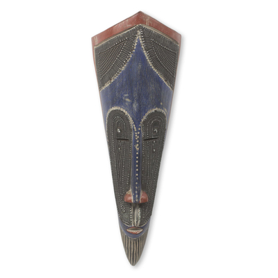 African wood mask, 'Fan' - Blue and Red African Wood Mask with Embossed Metal