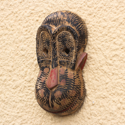 African wood mask, 'Monkey Joe' - Artisan Crafted African Decorative Wood Monkey Mask