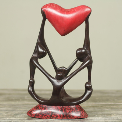 Wood sculpture, 'Family Love I' - Original African Wood Sculpture of Family with Heart