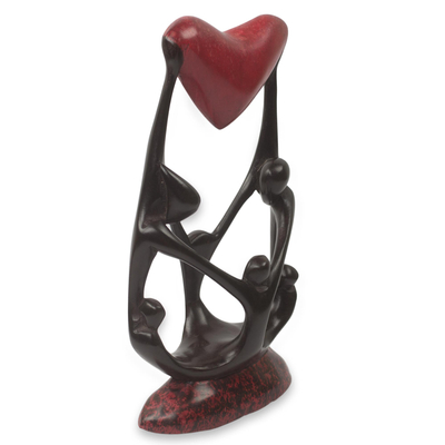 Wood sculpture, 'Family Love I' - Original African Wood Sculpture of Family with Heart