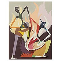 'By the Fireside' - Cubist Style Acrylic Painting of Fireside Scene in Ghana