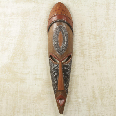 African wood mask, 'Young Emu Man' - Slender Wood and Aluminum Authentic African Mask