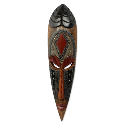 African wood mask, 'God's Work' - Artisan Hand Carved Authentic African Mask with Repousse