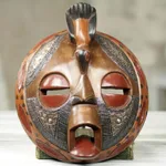 African wood mask, 'Bird of Happiness' - Circular Hand Crafted and Painted West African Mask