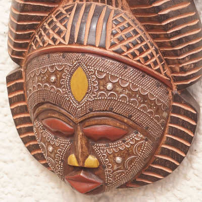 African wood mask, 'Vigilant Woman' - Artisan Hand Carved Authentic African Mask with Repousse