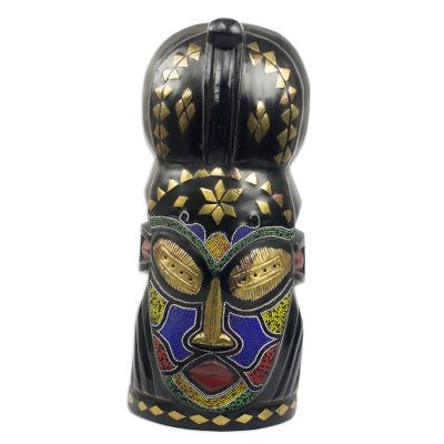 African wood beaded mask, 'Obianuju' - Beaded African Wood Table Mask Crafted by Hand