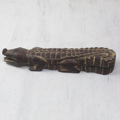 Wood oware game, 'Crocodile's Challenge' - Crocodile Shaped Oware Table Game Carved by Hand
