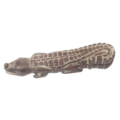 Wood oware game, 'Crocodile's Challenge' - Crocodile Shaped Oware Table Game Carved by Hand