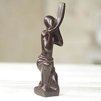 Wood sculpture, 'Horn Blower' - African Horn Blower Sculpture Hand Carved Wood Art