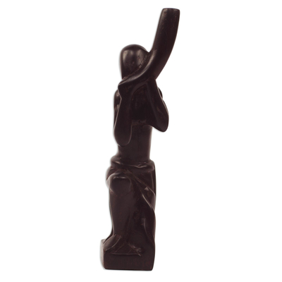 Wood sculpture, 'Horn Blower' - African Horn Blower Sculpture Hand Carved Wood Art