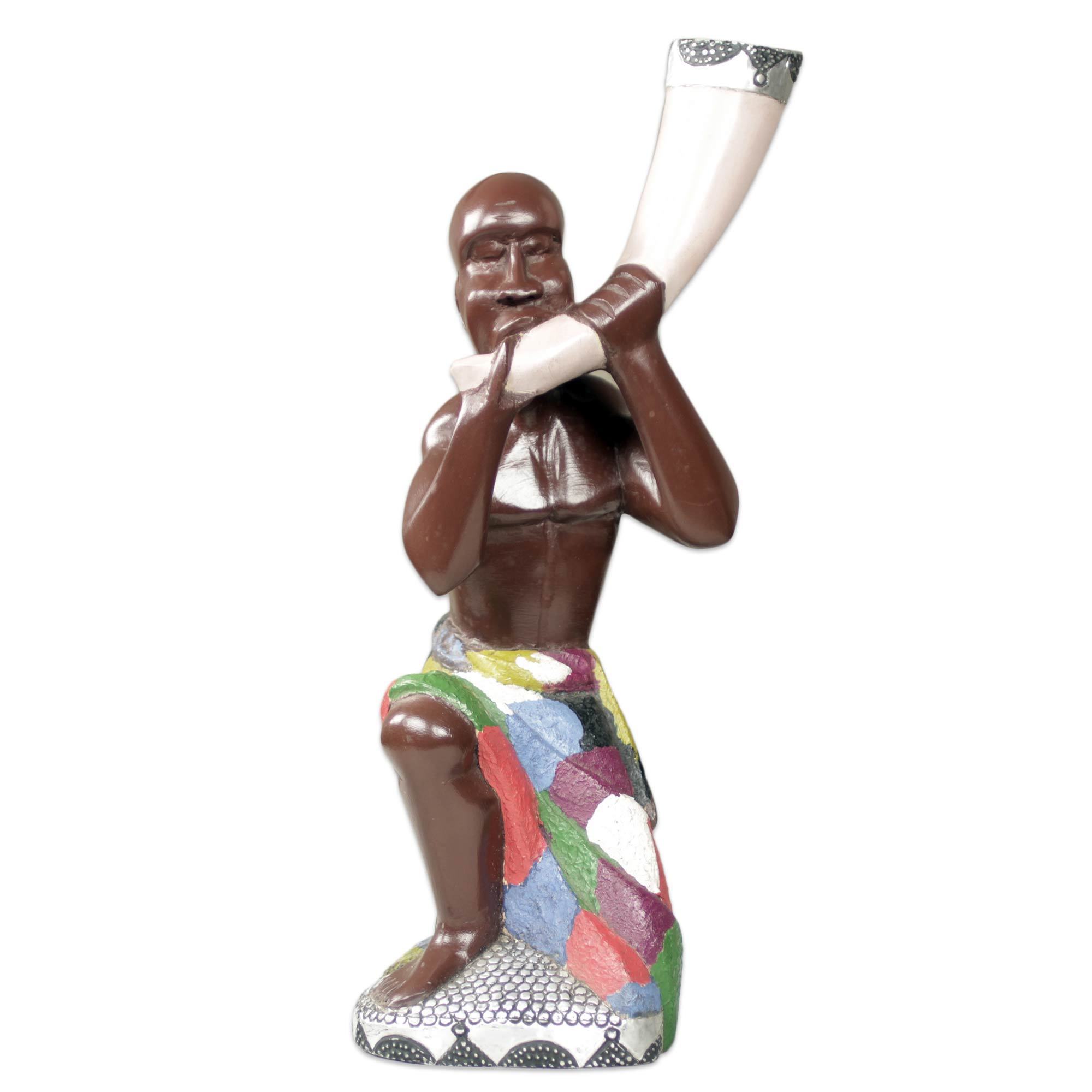 Hand Carved African Wood Sculpture from Ghana Okayi and his Trumpet