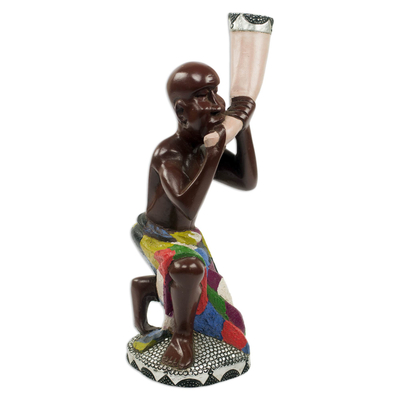 Wood sculpture, 'Okayi and his Trumpet' - Hand Carved African Wood Sculpture from Ghana