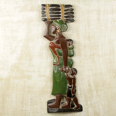 Wood wall sculpture, 'Sackie Maame' - Mother and Child African Wood Sculpture Panel for Wall