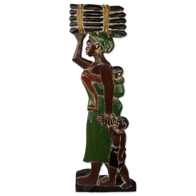 Wood wall sculpture, 'Sackie Maame' - Mother and Child African Wood Sculpture Panel for Wall
