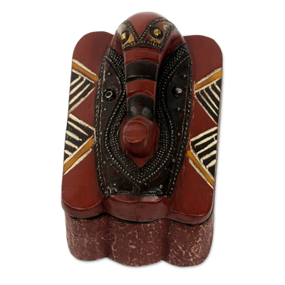 Schmuckkästchen aus Holz, 'Elefantenwächter'. - Handwerklich geschnitzte Schmuckschatulle mit Elefantendeckel aus Ghana