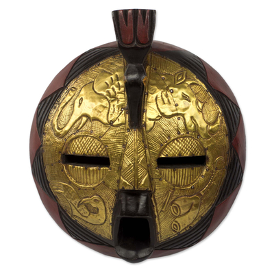 African wood mask, 'Animal Safari' - Circular African Mask Covered in Brass with Animal Motifs