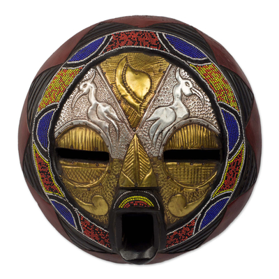 Beaded African wood mask, 'Promise of Prosperity' - Bead and Brass Repousse African Wall Mask with Animal Motifs