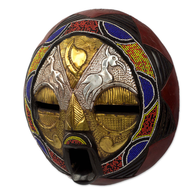 Beaded African wood mask, 'Promise of Prosperity' - Bead and Brass Repousse African Wall Mask with Animal Motifs