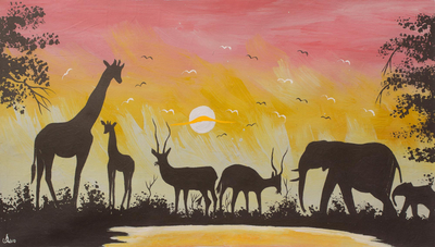 'Animals in the Wild Sunset I' - Acrylic Painting of African Animals at Sunset from Ghana