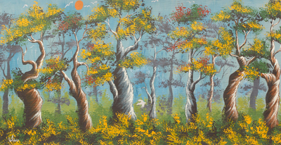 'Forest Scene' - Acrylic Landscape Painting of Forest Scene from Ghana