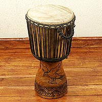 Wood djembe drum, Eagle and Elephant