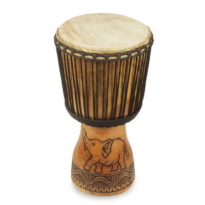 Wood djembe drum, 'Eagle and Elephant' - Handcrafted West African Djembe Drum 22 Inches Tall