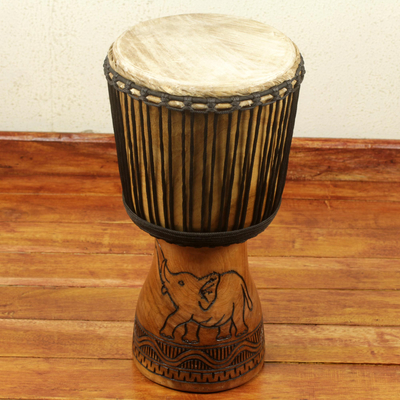 Wood djembe drum, 'Eagle and Elephant' - Handcrafted West African Djembe Drum 22 Inches Tall