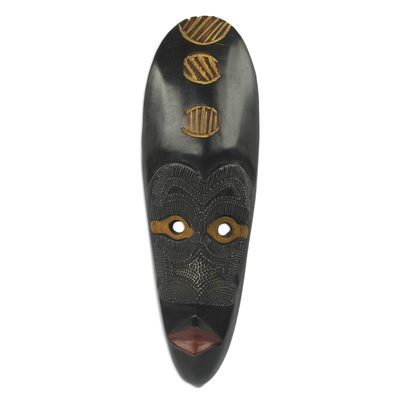 Afrikanische Holzmaske - Schwarze handgeschnitzte afrikanische Maske mit geprägtem Aluminium