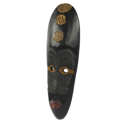 African wood mask, 'Elder Gentleman' - Black Hand Carved African Mask with Embossed Aluminum