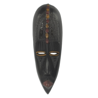 African wood mask, 'Patient One' - Black and Brown African Mask of Hand-Carved Wood